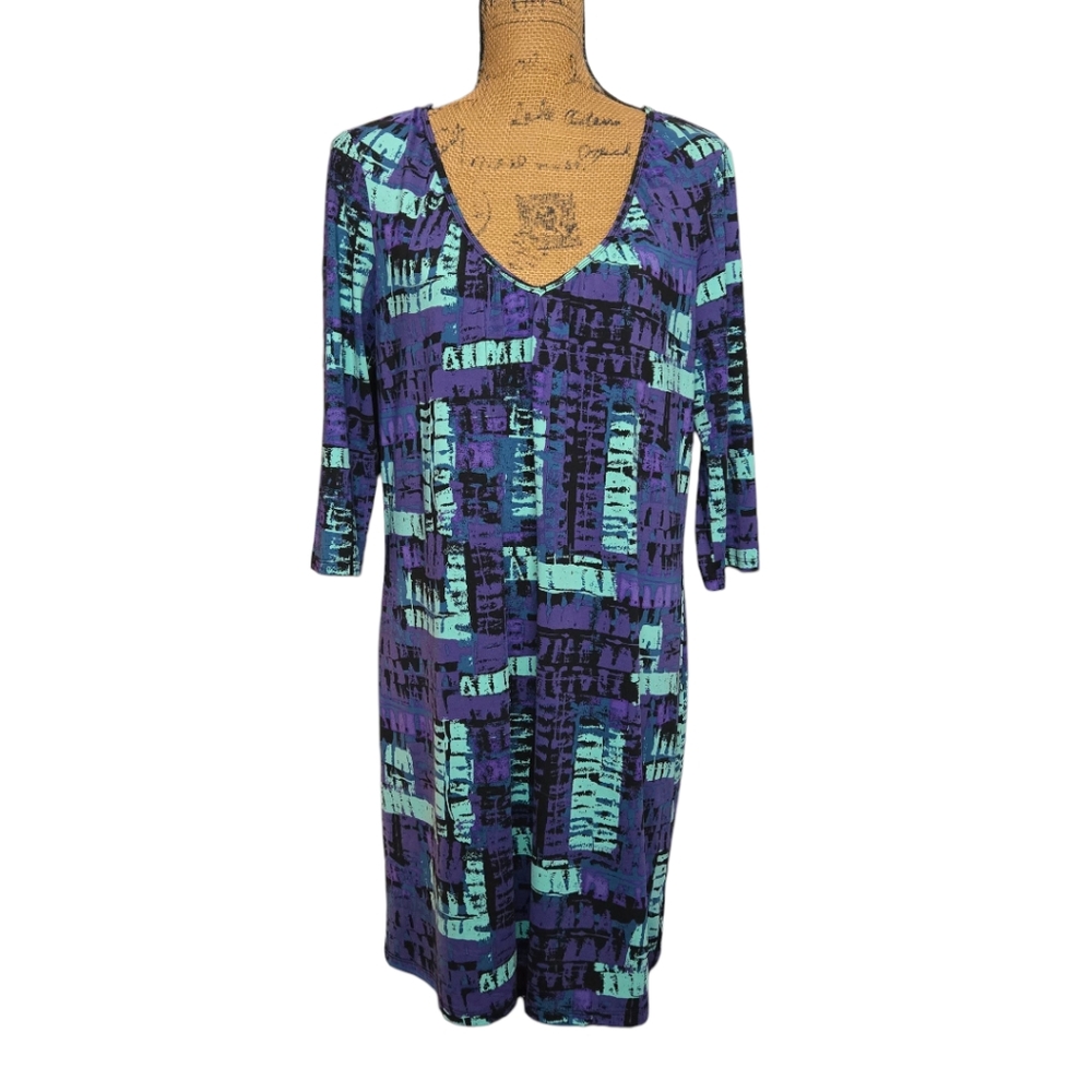 Daisy Fuentes Purple Teal Black Abstract Stretch 3/4 Sleeve Dress Sz Medium